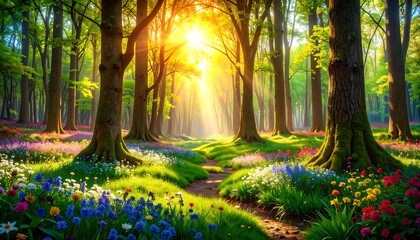Sunlit forest path, wildflowers