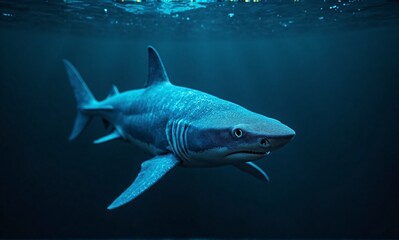 Fototapeta premium A powerful shark glides through the deep blue ocean depths, a magnificent marine predator exploring its vast underwater realm.