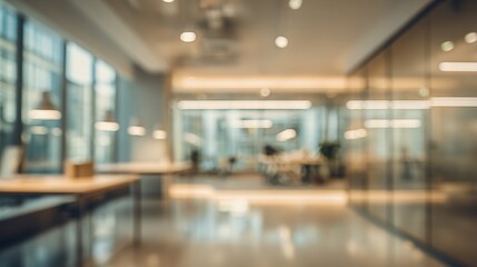 Blurred Modern Office Interior with Desks and Natural Light, Ideal for Backgrounds and Corporate Presentations