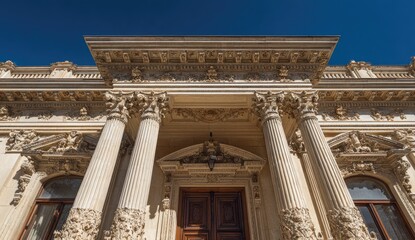 Fototapeta premium Palace Entrance, Sunny Day, Ornate Columns, Architectural Detail, Tourism