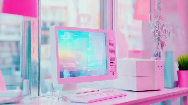 Pink retro desktop computer displaying programming code in vaporwave style