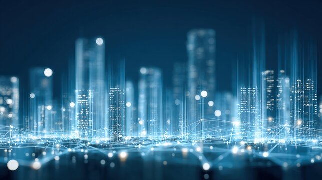 Abstract Futuristic Cityscape with Digital Network Connections and Glowing Data Transfer, Representing Modern Technology