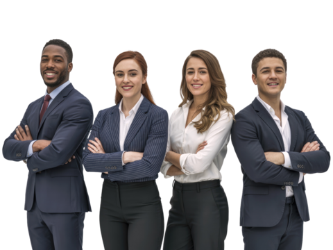 Four diverse business people men and women in suits with arms isolated on white transparent background png jpg business people clipping path cutout 2025 2026 4k full hd poster banner label download