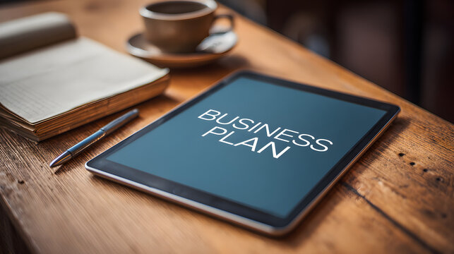 A business plan displayed on a tablet with a notebook, pen, and coffee on a wooden surface
