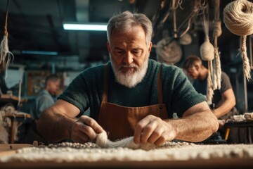 Middle-aged male fiber worker collaborates with diverse team to create fiber products in workshop
