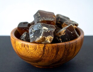 Brown sugar cubes in wooden bowl