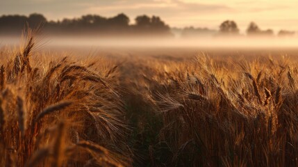 Fototapeta premium Wheat Field Sunrise Golden light on crops, forest in fog background for agriculture use