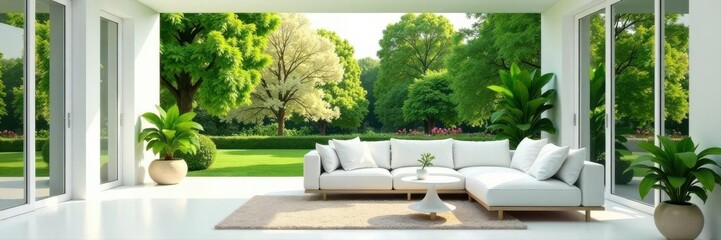 Luxurious empty white living room, vibrant green garden backdrop , elegant, relaxing, modern