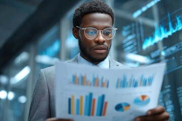 Focused African American man analyzing data charts against a tech background.