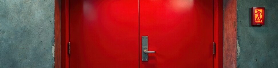 Red metal fire exit door, emergency exit sign , exit, emergency door, building code