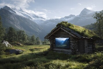 Obraz premium Rustic log cabin with a green roof in a lush mountain valley, featuring a modern TV screen, blending nature, technology, and sustainable living.