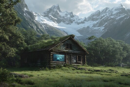 Rustic log cabin with a green roof in a lush mountain valley, featuring a modern TV screen, blending nature, technology, and sustainable living.
