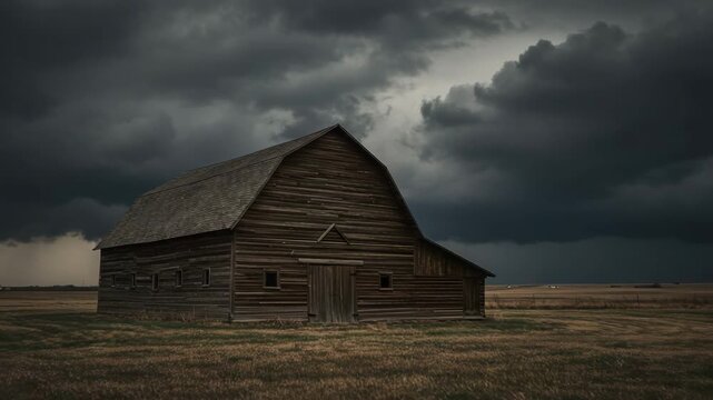 Rustic wooden barn under dark stormy clouds in open field  