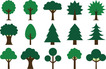 Collection of diverse flat design trees on a light green background