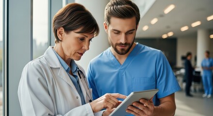 Female doctor and male nurse discussing patient data on a digital tablet in a modern hospital
