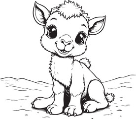 Llama Cub's Sweet Smile: Adorable sketch of a baby llama sitting, radiating charm. It's a perfect combination of simple lines and appealing shapes.