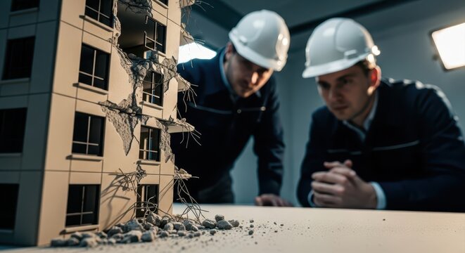 Two engineers in hard hats intently observe a miniature damaged building model