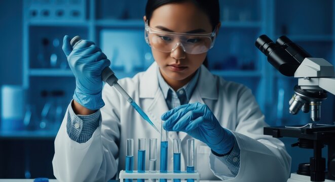 Focused female scientist pipetting blue liquid in laboratory for medical research and discovery - Powered by Adobe