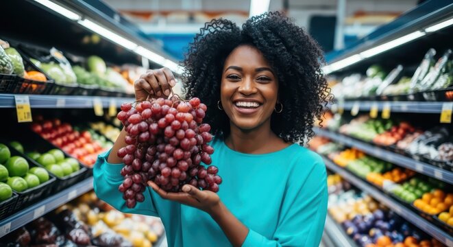 Joyful african american woman holding fresh red grapes in a supermarket