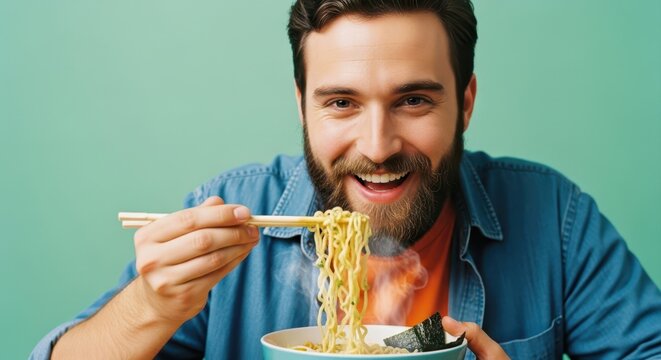 Happy young man with beard enjoying hot steaming ramen noodles with chopsticks - Powered by Adobe