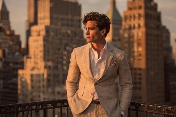 Elegant man in a fashionable tailored suit posing on a city rooftop at golden hour.
