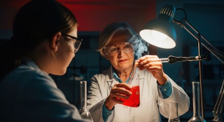 Senior female scientist and young assistant conducting a chemical experiment in a dark laboratory