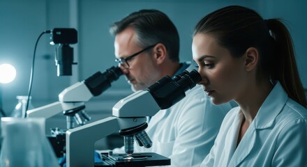 Focused male and female scientists using microscopes in a modern laboratory