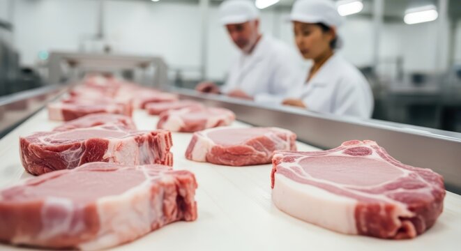 Fresh raw pork chops on a conveyor belt in a modern food processing plant with workers - Powered by Adobe
