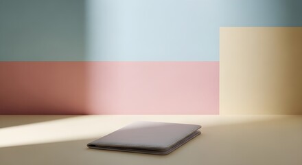 Minimalist arrangement with a closed gray booklet on a light surface against a pastel backdrop
