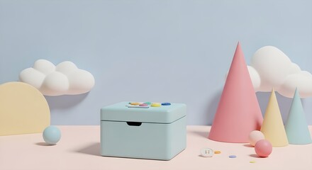 Pastel toy box with colorful buttons soft clouds and geometric shapes baby