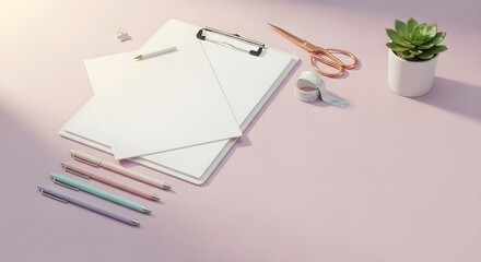 White paper sheets on clipboard pens scissors tape and succulent plant on pink surface