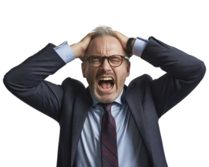 Man in dark suit and tie with graying hair screaming with hands isolated on white transparent background png jpg business people clipping path cutout 2025 2026 4k full hd poster banner label