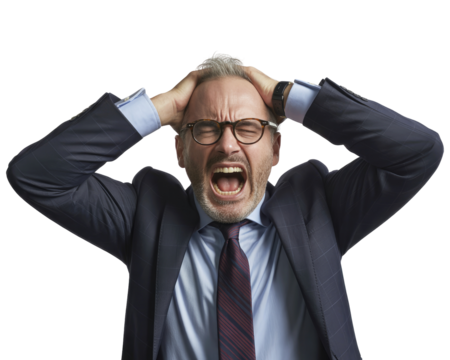 Man in dark suit and tie with graying hair screaming with hands isolated on white transparent background png jpg business people clipping path cutout 2025 2026 4k full hd poster banner label
