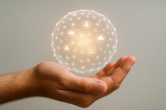 Hand Holding Glowing Digital Sphere: Connecting People, Technology, and Data Globally, Representing Innovation and Communication
