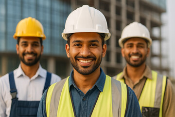South asian construction migrant workers at building site