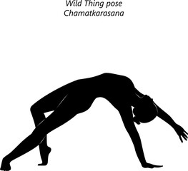 Silhouette of woman practicing Chamatkarasana yoga pose. Wild Thing yoga pose. Isolated vector illustration