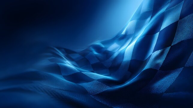 Abstract blue checkered flag waving in the wind, symbolizing racing, competition, victory, and dynamic movement with a modern, futuristic design.