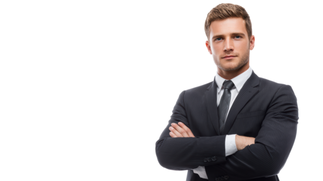 Confident businessman in a suit with arms crossed against a white background.