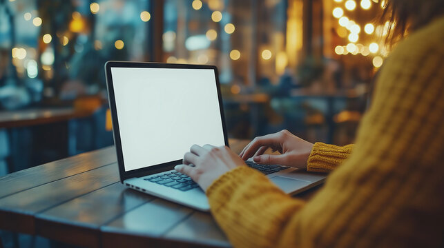 A close-up image: A woman using a digital tablet with a blank white screen while working. This is a tablet mockup for online marketing or web templates.	