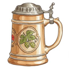Beige Ceramic Beer Stein with Hops Illustration