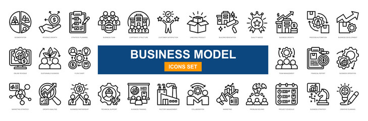 Business Model Canvas line icons collection. Segmentation, Revenue Growth, Strategic Planning, Business Team, Corporate Structure, Customer Satisfaction. Simple vector illustration