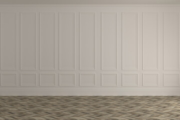 Classic interior with blank wall, panel, moldings. 3d render illustration mock up.