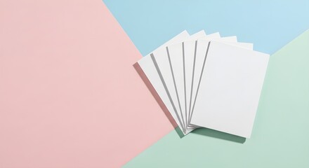 Stack of blank white papers fanned out on a pastel background of pink blue and green