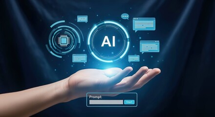 Artificial Intelligence Visualization: Hand Presenting AI Interface with Interactive Chat Windows and Processor Icons on Dark Background