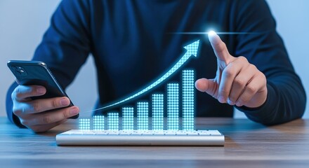 Digital Growth Visualization: Man Interacting with Augmented Reality Bar Graph on Desk with Phone