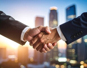 Business handshake in city skyline