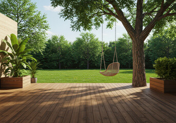 Serene Backyard Oasis with Tree Swing and Wooden Deck on a Sunny Day