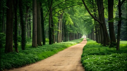 Fototapeta premium Pathway Through a Lush Forest with Tall Trees and Green Foliage