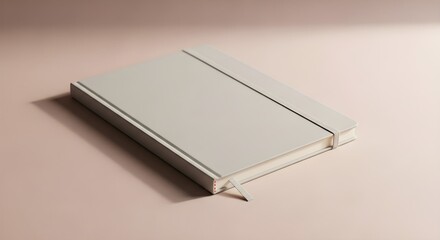 A plain grey notebook with an elastic band and a page marker rests on a smooth neutral surface