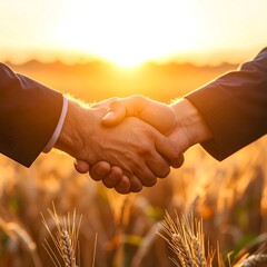 Business handshake in wheat field at sunset